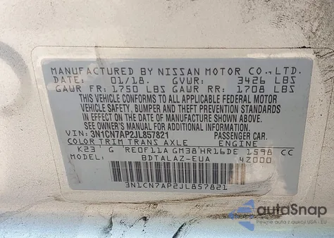 2018 Nissan Versa 1.6 S+ z USA, uszkodzony, nr VIN 3N1CN7AP2JL857821